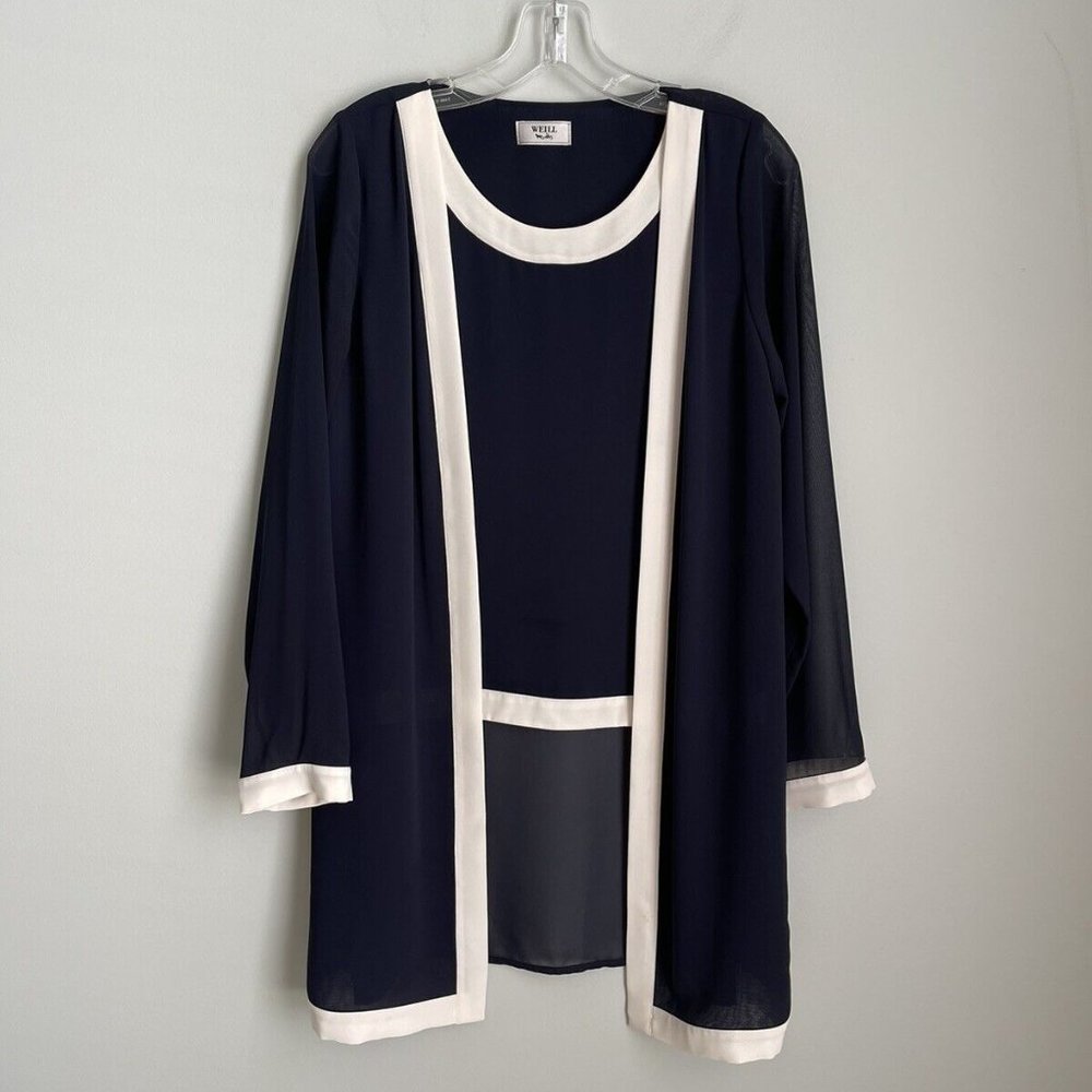 Weill Paris Navy Blue Ivory Trim Sheer Long Sleeve Twofer Blouse